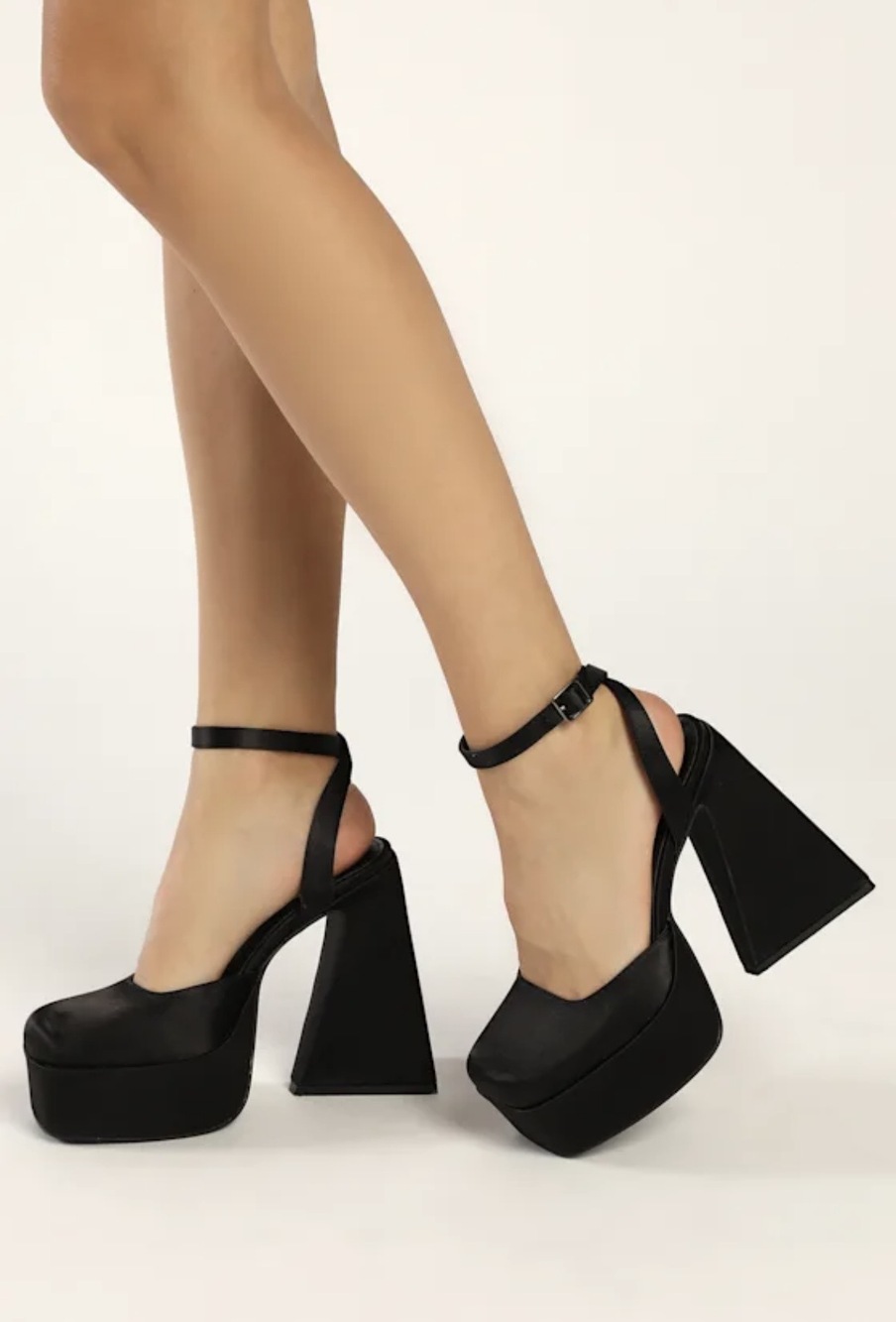 Lulus Rya Black Satin Platform Ankle Strap Pumps - Size 7.5